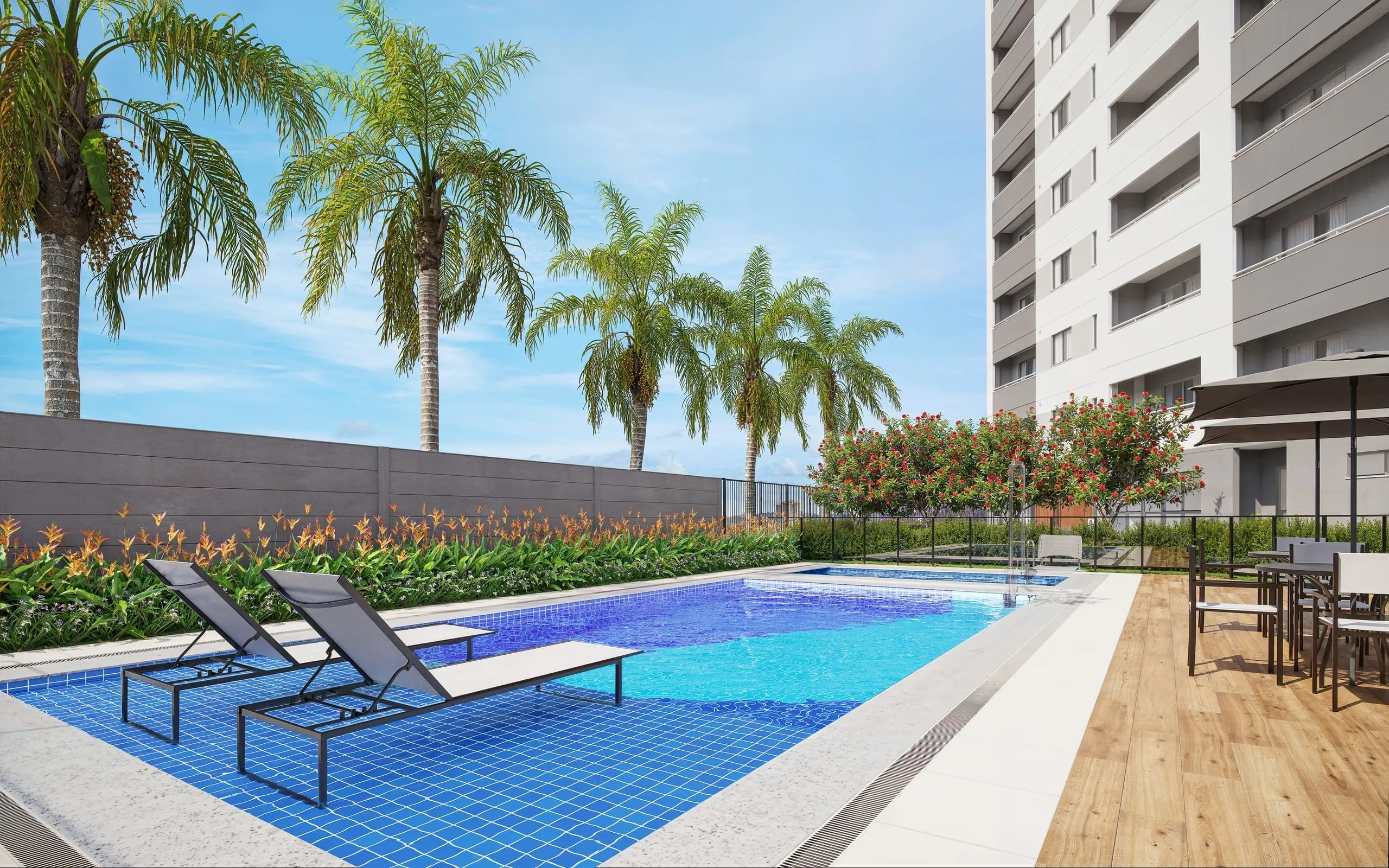 Perspectiva das piscinas adulto e infantil, com deck molhado e solarium